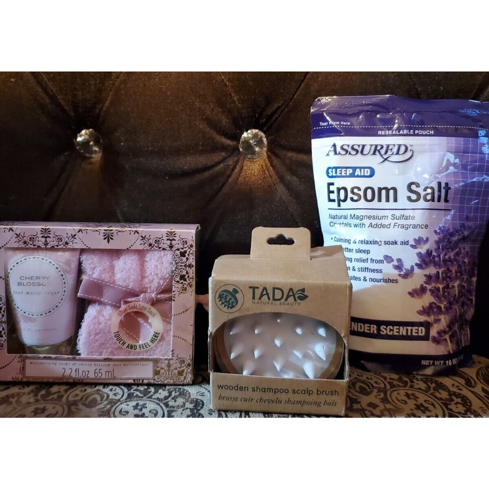 ASSURED SLEEP AID Epsom Salt, Cozy Sock and Lotion Gift Box wooden shampoo Brush